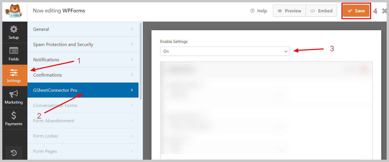 Configuration with Google Sheet WPForms GSheet Pro Plugin Setting