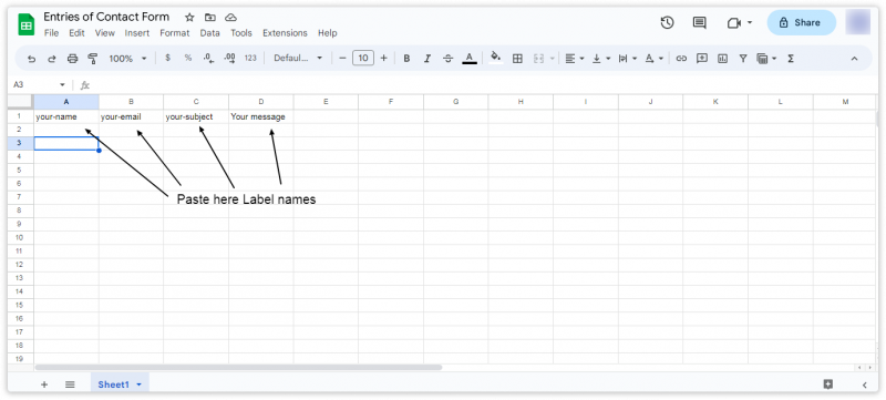 Paste Labels in Google Sheet CF7 1 How to Connect a Google Sheet with CF7 Forms?