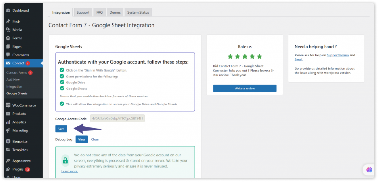 Save Google Access Code Automatic integration