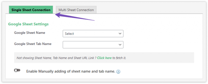 Single Sheet Connection with google sheet Plugin Settings