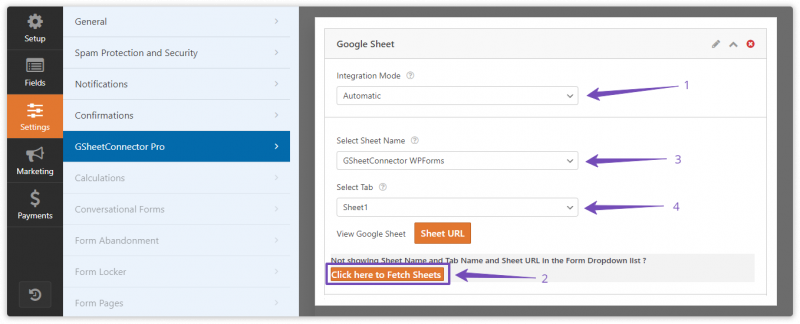WPForms GSheetConnector PRO Integration Automatic Google Sheet Tab Configuration