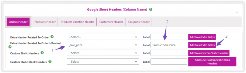Extra Header Related To Orders Product WC GSheetConnector Plugin Settings