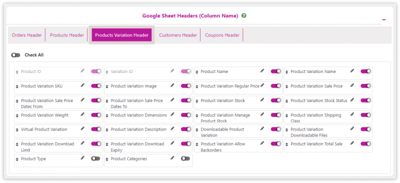 Sheet Header for Product Variations WC GsheetConnector Plugin Settings
