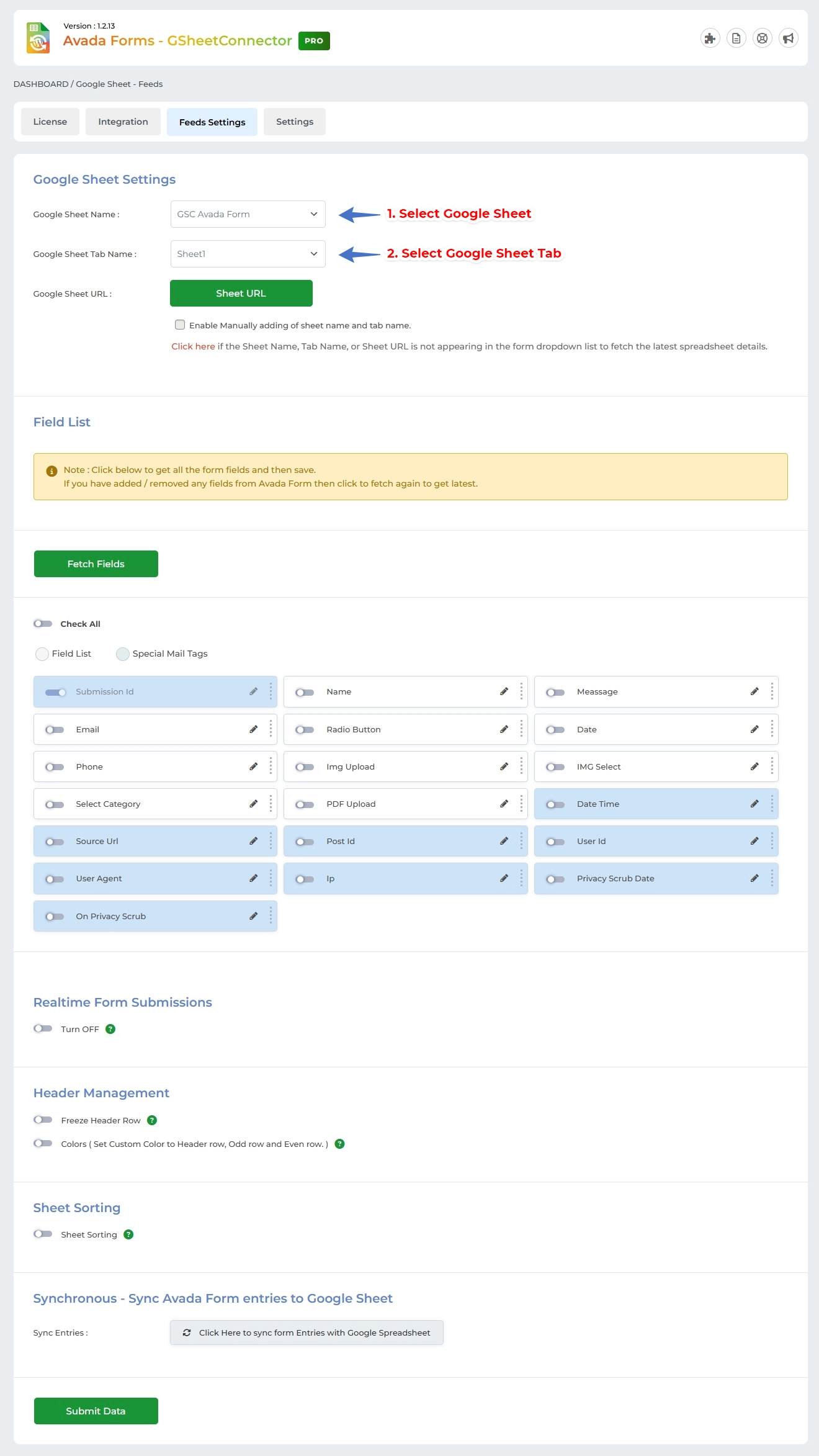 Avada Forms Google Sheet Connector Settings