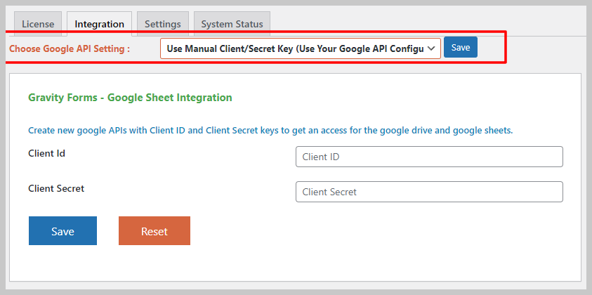select maual clienet secret id GravityForms GSheet Manual integration